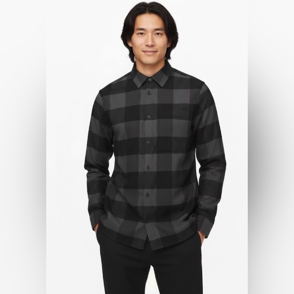Lululemon Masons Peak Gray Black Plaid Long Sleeve Button Up Flannel Size XL